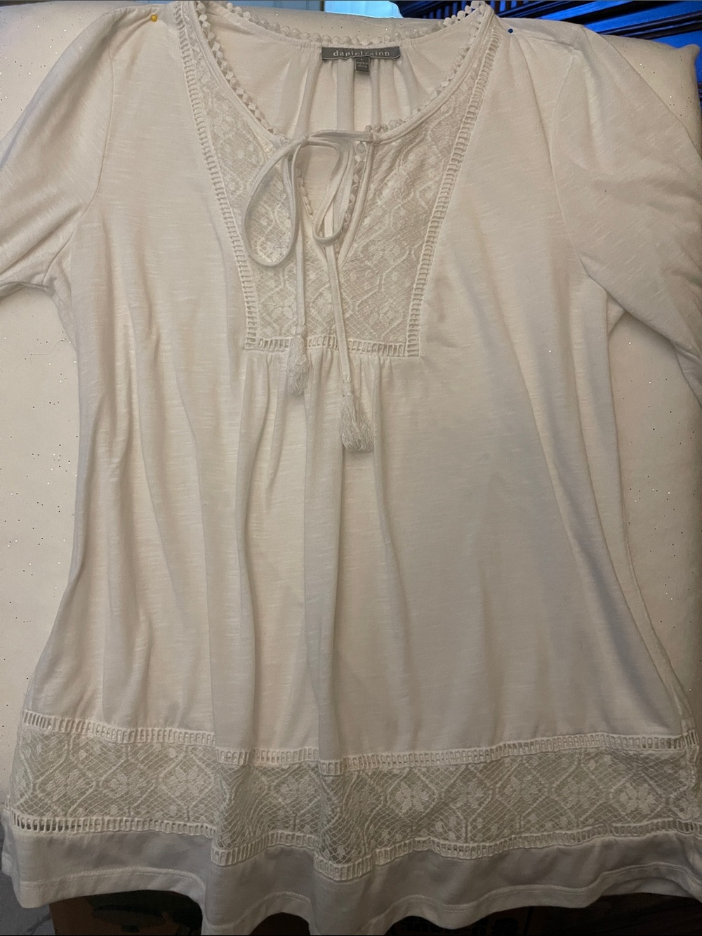 Daniel Rainn White Lace-Trim Top with Pom-Pom Edge